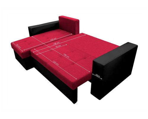 Bedora Toledo Kihúzható Sarokülő 226x145x79 cm, tárolóládás, megfordítható, textil, műbőr, fekete, piros
