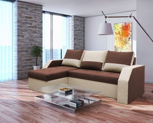 Bedora Madrid Kihúzható Sarokülő 226x145x79 cm, tárolóládás, megfordítható, textil, műbőr, bézs, barna