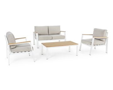 Bizzotto Belmar Kerti ülőgarnitúra, dohányzóasztallal, alumínium szerkezettel, levehető párnákkal, fehér, natúr