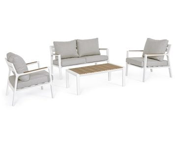 Bizzotto Ernst Kerti ülőgarnitúra, dohányzóasztallal, alumínium szerkezettel, levehető párnákkal, fehér, natúr