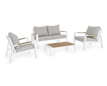 Bizzotto Einar Kerti ülőgarnitúra, dohányzóasztallal, alumínium szerkezettel, levehető párnákkal, fehér, natúr