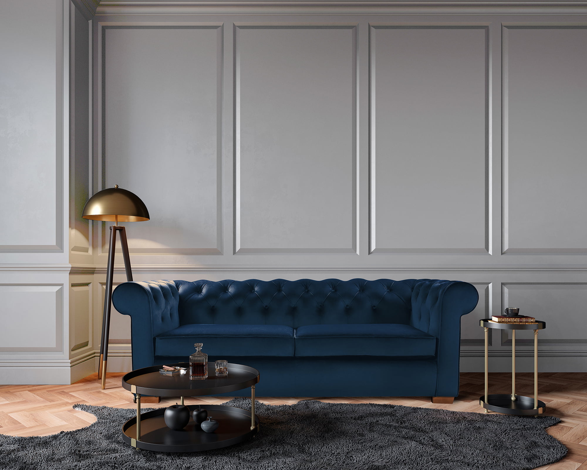 Bedora Oxford Chesterfield Kihúzható Kanapé, 3 személyes, textil, kék